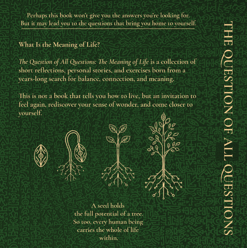 Front, spine, and back book covers of 'The Question of All Questions: The Meaning of Life' by Jafeth Pentury, shown on a dark green textured background with white typography and tree illustrations.