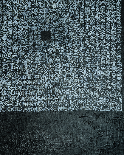 Black textured surface with a white geometric pattern on the left side