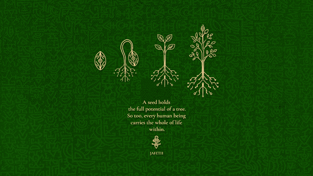 A square green textile or print featuring a gold embossed-style illustration of a plant growing from a seed, with a quote in the center and the brand name JAETHI at the bottom.