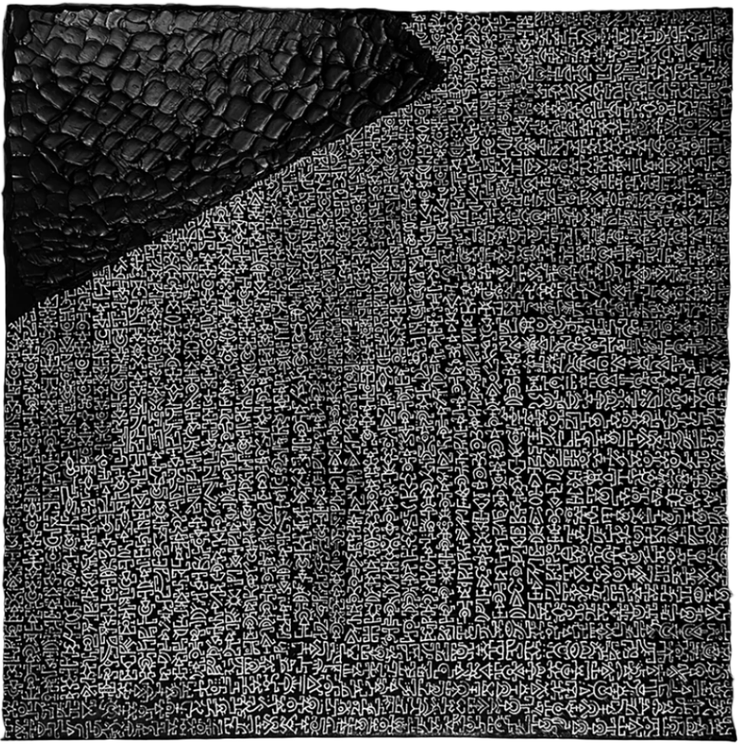 A close-up of a black textured material sample with a diagonal fold, showing a coarse woven or embossed surface pattern against a dark background.