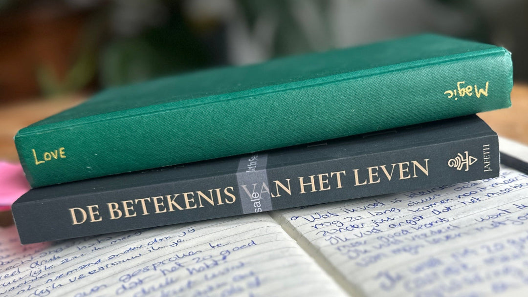 A stack of two books on an open handwritten notebook with a pen resting across it. The top book is teal with gold lettering reading 'Love', and the bottom book is dark gray with gold lettering reading 'DE BETEKENIS VAN HET LEVEN'.
