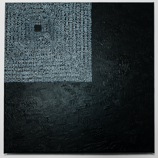 Abstract art piece with black and white contrasting textures on a gray background